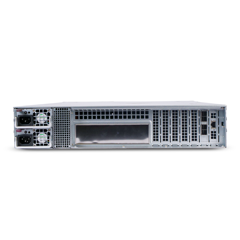 Rear view of a 2U rack-mounted server with dual power supplies, large ventilation grilles, and multiple I/O expansion slots.