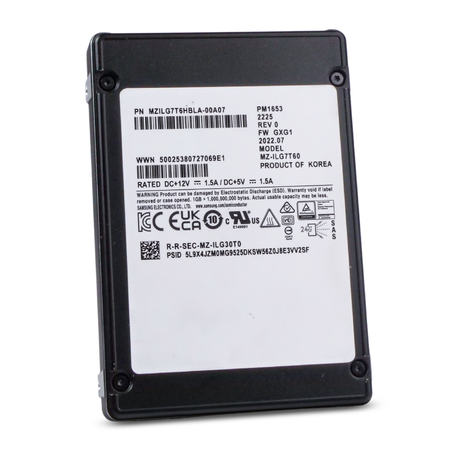 Front view of a Samsung PM1653 2.5-inch SAS SSD displaying model MZ-ILG7T60, part number, and compliance certifications.