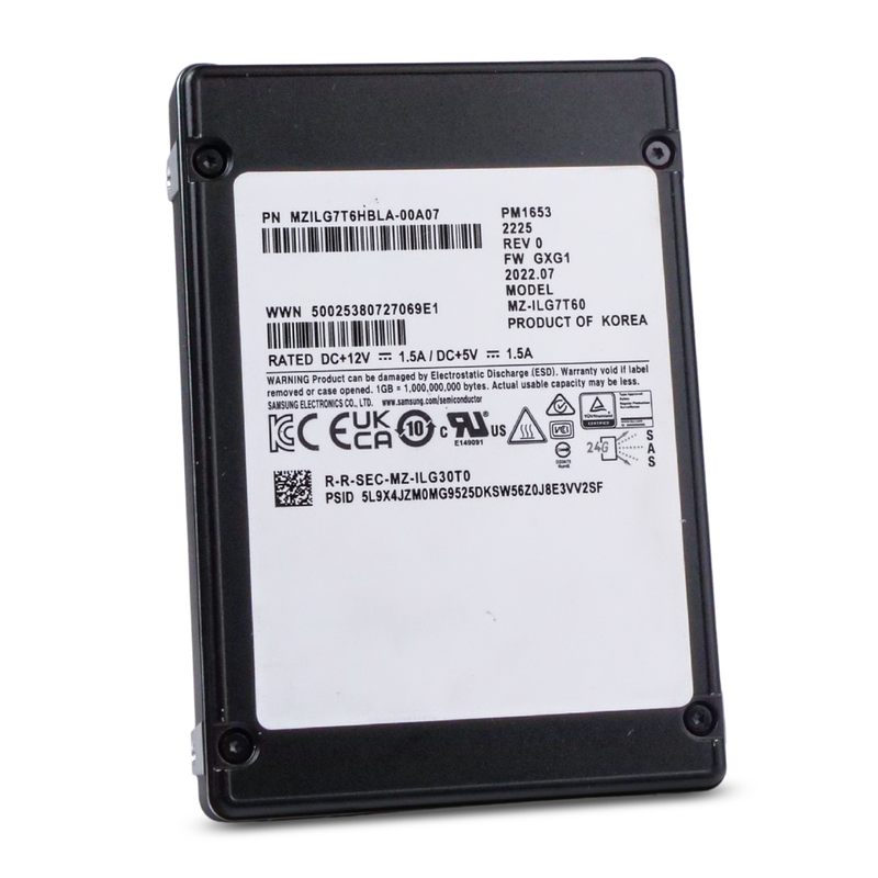 Front view of a Samsung PM1653 2.5-inch SAS SSD displaying model MZ-ILG7T60, part number, and compliance certifications.