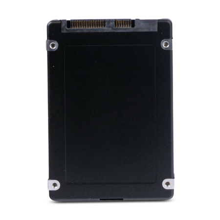 Rear view of a 2.5-inch SAS SSD with black casing, gold SAS connector pins at the top, and four corner mounting screws.