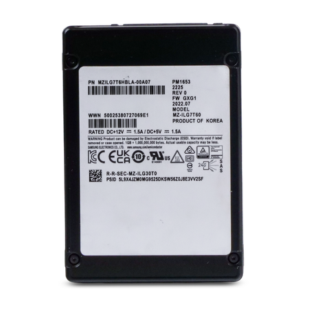 Front view of a Samsung PM1653 2.5-inch SAS SSD showing model MZ-ILG7T60, part number, WWN, and regulatory certifications.