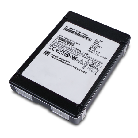 Angled top view of a Samsung 2.5-inch SAS SSD with white label showing part number, model, and compliance certifications.