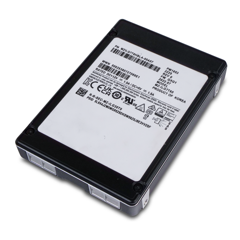 Angled top view of a Samsung 2.5-inch SAS SSD with white label showing part number, model, and compliance certifications.