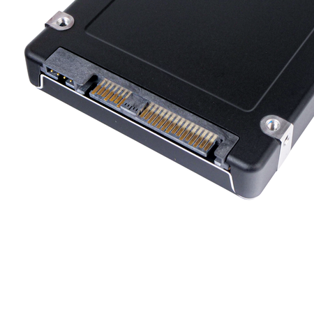 Close-up of a 2.5-inch SSD's SAS connector interface with gold pins, power connector, and corner mounting screws.