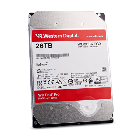 Angled view of a Western Digital WD Red Pro 26TB NAS hard drive (model WD260KFGX), showing the top of the drive with its red and white label.