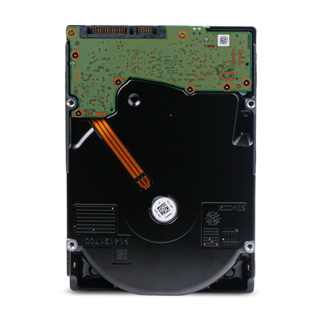 Underside of a 3.5-inch hard disk drive, showing the green printed circuit board at the top and an orange flex cable across the black base casting.