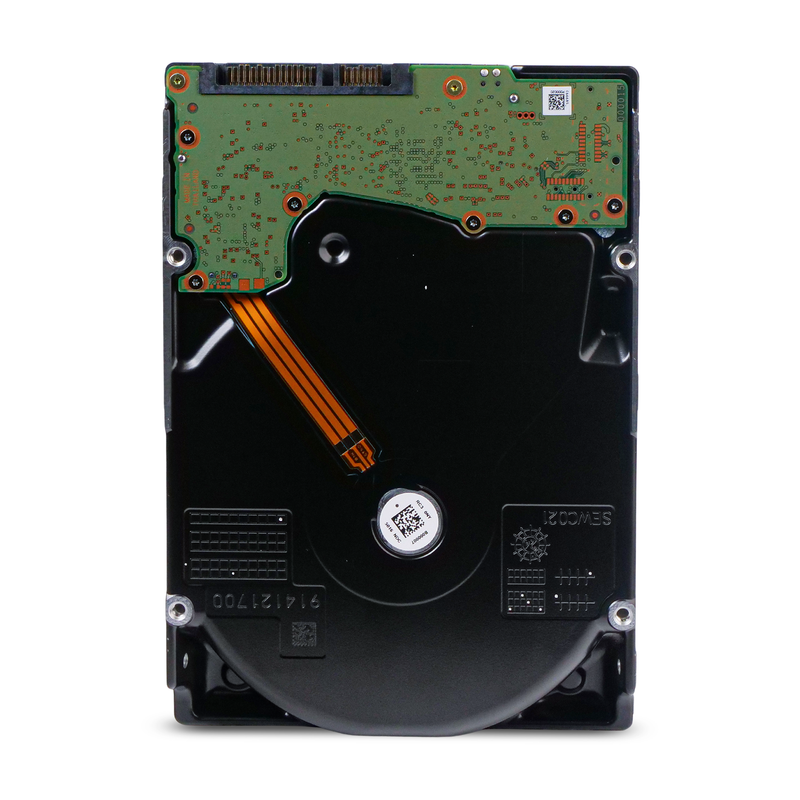 Underside of a 3.5-inch hard disk drive, showing the green printed circuit board at the top and an orange flex cable across the black base casting.