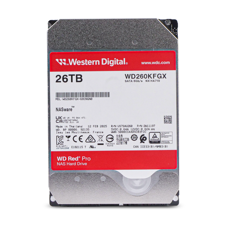 Top-down view of a Western Digital WD Red Pro 26TB NAS hard drive (model WD260KFGX), showing the full red and white label with specifications.