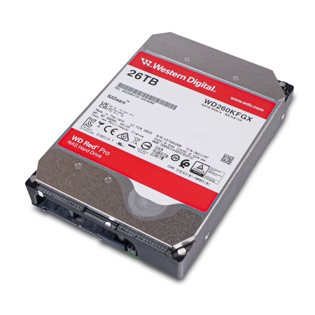 Western Digital WD Red Pro 26TB NAS hard drive (model WD260KFGX), shown at an angle with its red and white top label.