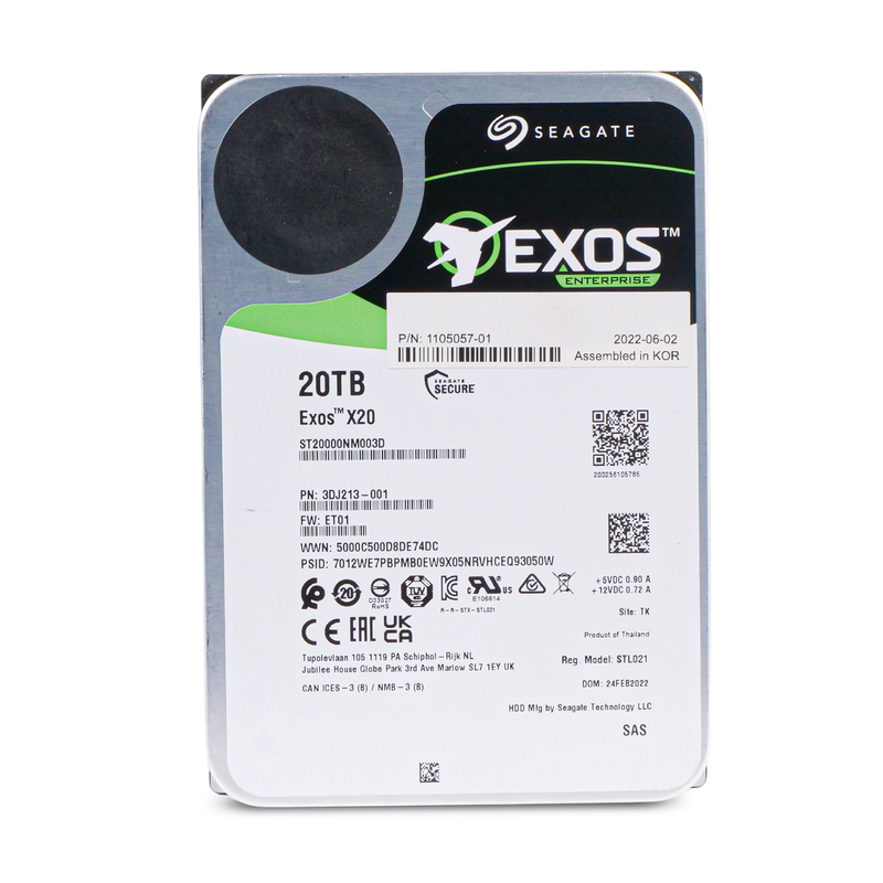 Seagate Exos X20 ST20000NM003D 20TB 7.2K RPM SAS 12Gb/s 512e SED 3.5in Hard Drive