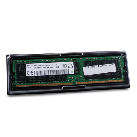 SK Hynix 64GB DDR4 PC4-3200AA RDIMM with Supermicro label in clear protective clamshell tray, angled view.