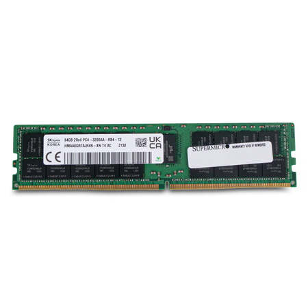 Angled front view of an SK Hynix 64GB DDR4 PC4-3200AA RDIMM with Supermicro label, UKCA mark, and gold edge connector.