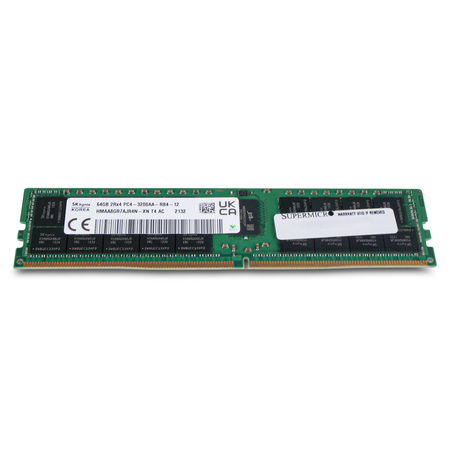 Front view of an SK Hynix 64GB DDR4 PC4-3200AA RDIMM with Supermicro label, UKCA mark, and gold edge connector.