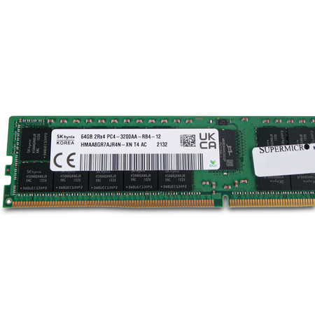Close-up of an SK Hynix 64GB DDR4 PC4-3200AA RDIMM front side showing model label, UKCA, CE marks, and memory chips.