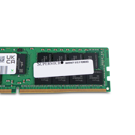 Close-up of an SK Hynix DDR4 RDIMM rear side showing Supermicro warranty label, memory chips, and gold edge connector.