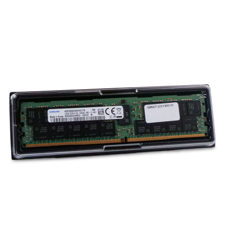 Samsung DDR4 RDIMM server memory module at an angle in clear protective clamshell tray showing front label and chips.