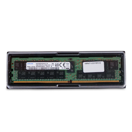 Samsung DDR4 RDIMM server memory module in clear protective clamshell tray showing front side with chips and label.