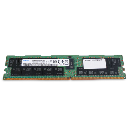 Front view of a Samsung DDR4 RDIMM server memory module with label, memory chips, warranty sticker, and gold edge connector.