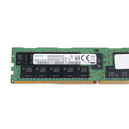 Close-up of a Samsung DDR4 RDIMM front side showing memory chips, model label M393AAG40M32, and gold edge connector pins.
