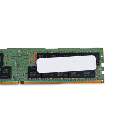 Close-up of a Samsung DDR4 RDIMM rear side showing memory chips, blank white label, and gold edge connector pins.