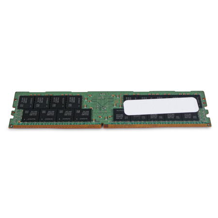 Angled rear view of a Samsung DDR4 RDIMM server memory module showing memory chips, blank white label, and gold edge connector.