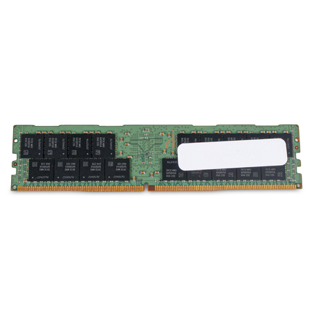 Rear view of a Samsung DDR4 RDIMM server memory module showing memory chips, blank white label, and gold edge connector.