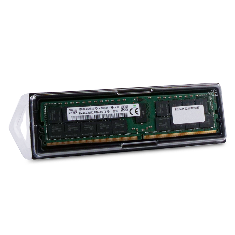 SK Hynix 128GB DDR4 PC4-3200AA RDIMM server memory module shown at an angle in clear protective packaging.