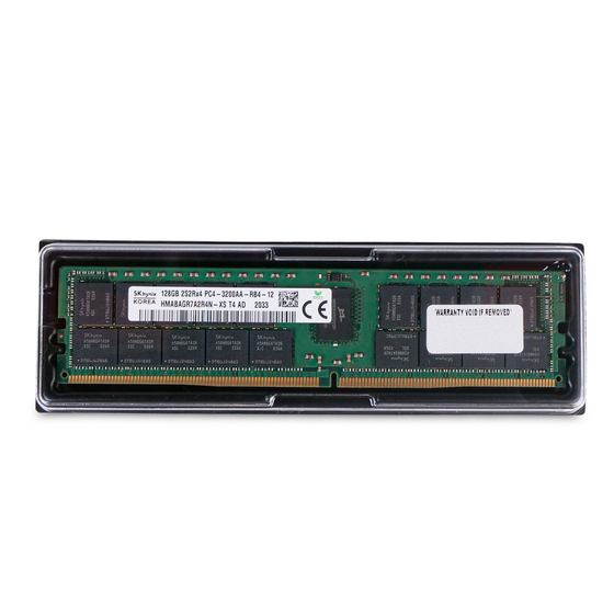 SK Hynix 128GB DDR4 PC4-3200AA RDIMM server memory module in protective plastic clamshell packaging.