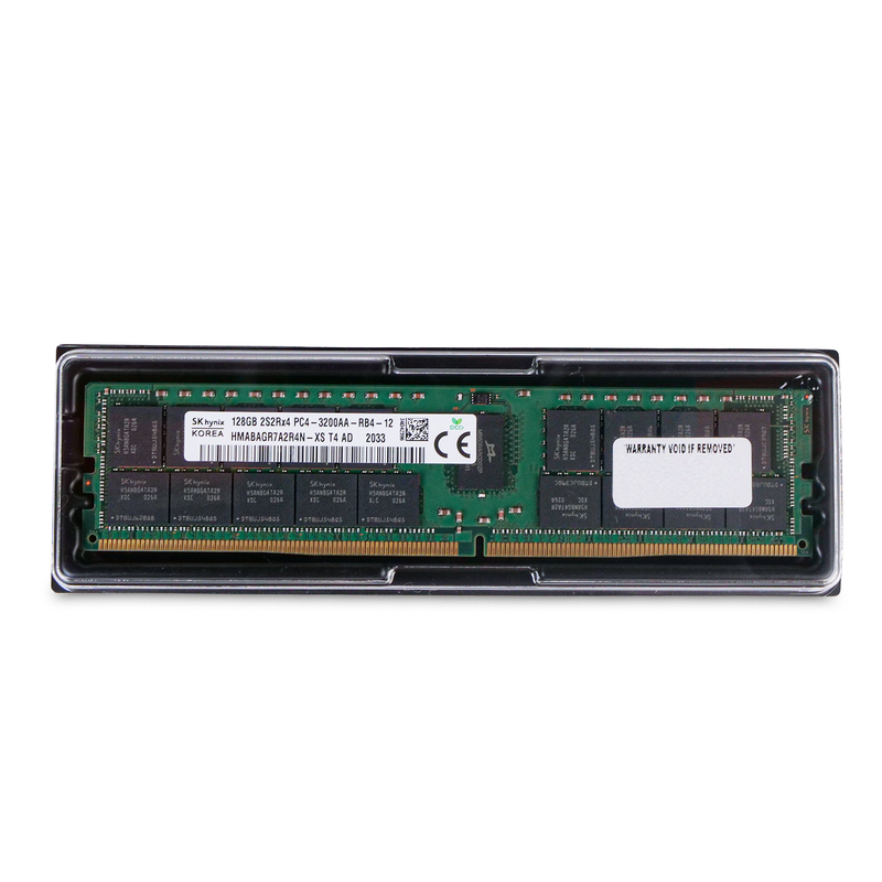 SK Hynix 128GB DDR4 PC4-3200AA RDIMM server memory module in protective plastic clamshell packaging.