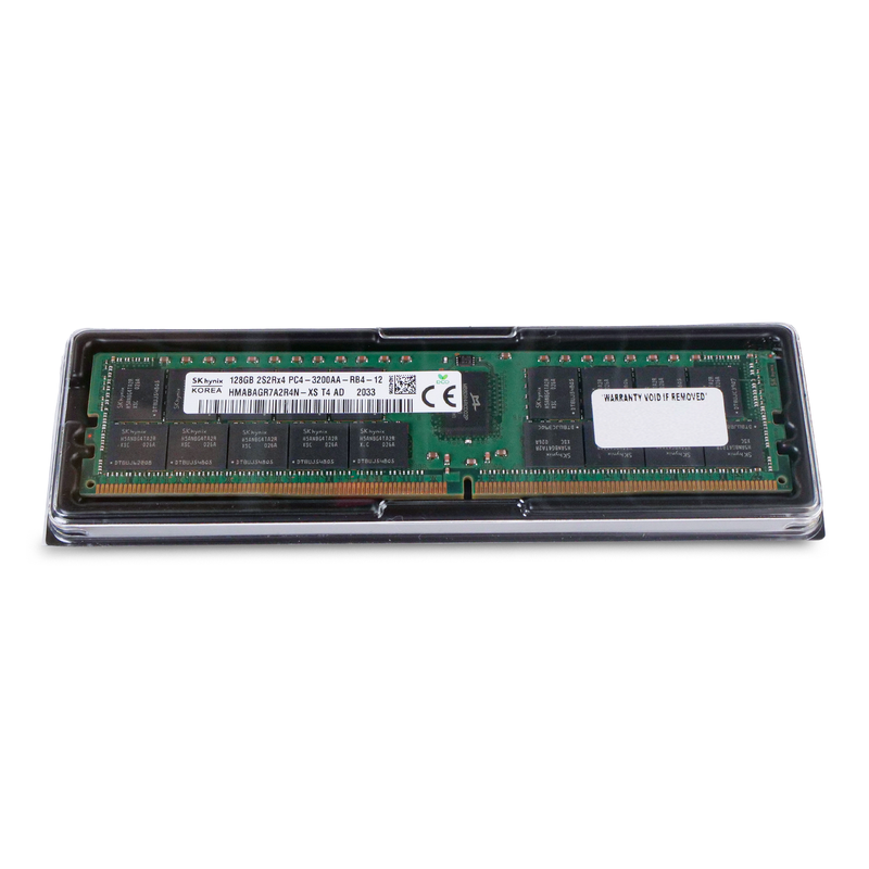 SK Hynix 128GB DDR4 PC4-3200AA RDIMM server memory module in clear protective clamshell tray, top-down view.