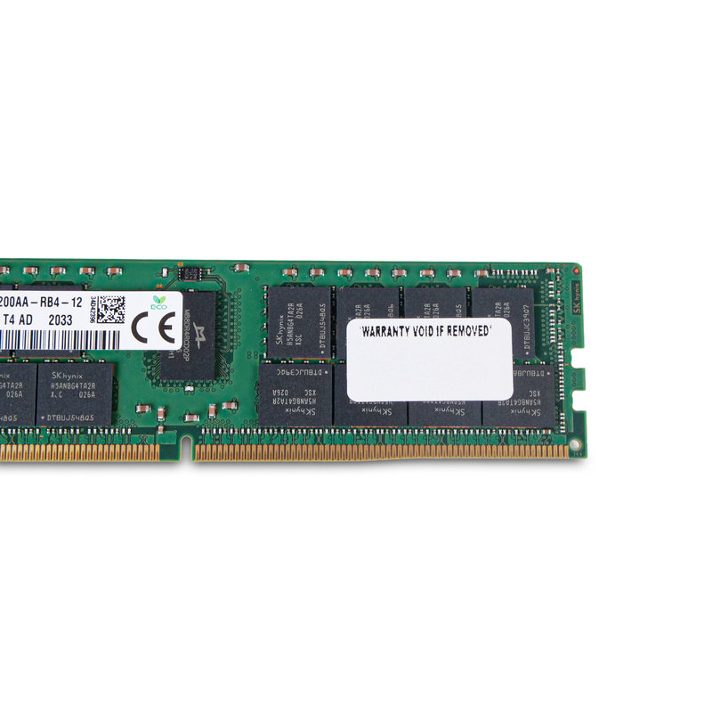 Close-up of SK Hynix DDR4 RDIMM rear side showing memory chips, warranty void label, and gold edge connector pins.