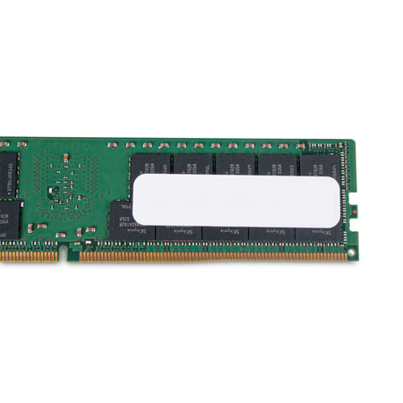Close-up of an SK Hynix DDR4 RDIMM rear side showing memory chips, blank white label, and gold edge connector pins.