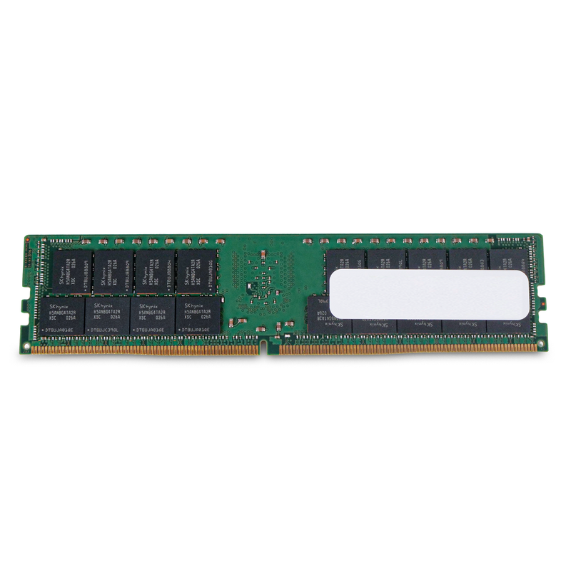 Rear view of an SK Hynix DDR4 RDIMM server memory module showing memory chips, blank label, and gold edge connector.