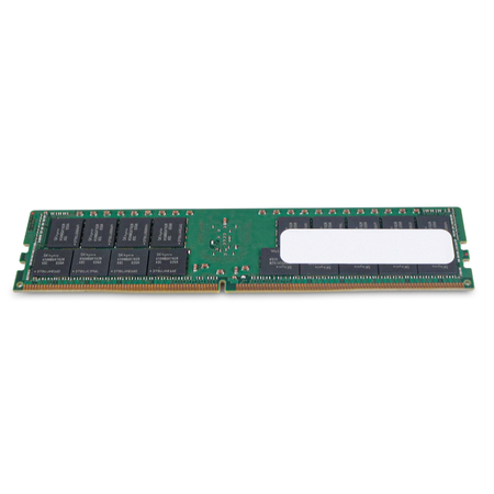 Angled rear view of an SK Hynix DDR4 RDIMM server memory module showing memory chips, blank label, and gold edge connector.