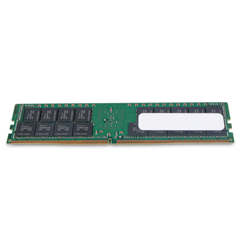 Angled rear view of an SK Hynix DDR4 RDIMM server memory module showing memory chips, blank label, and gold edge connector.