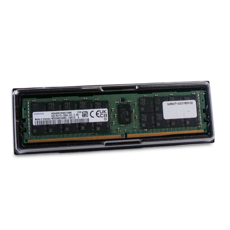 Samsung DDR4 RDIMM server memory module in clear protective clamshell tray showing front label with UKCA mark and memory chips.