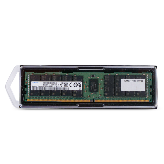 Top-down view of a Samsung DDR4 RDIMM server memory module in clear protective clamshell tray showing chips and UKCA label.