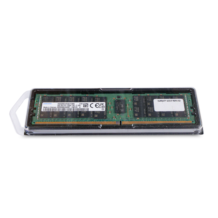 Samsung DDR4 RDIMM server memory module at an angle in clear protective clamshell tray showing front label with UKCA mark.