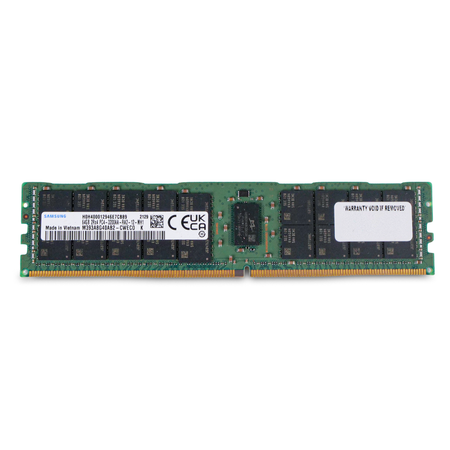 Front view of a Samsung DDR4 RDIMM server memory module showing model label, UKCA mark, memory chips, and gold edge connector.