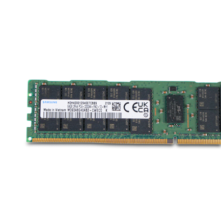 Close-up of a Samsung DDR4 RDIMM front side showing memory chips, model label, CE and UKCA marks, and gold edge connector.