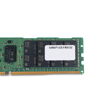 Close-up of a Samsung DDR4 RDIMM rear side with memory chips, warranty void label, and gold edge connector pins.