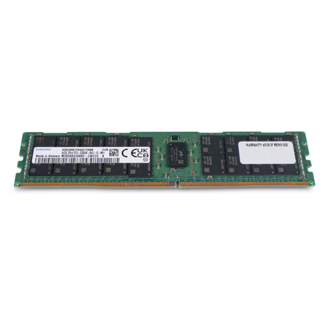Angled front view of a Samsung DDR4 RDIMM server memory module showing label, UKCA mark, memory chips, and gold edge connector.