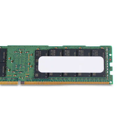 Close-up of a DDR4 RDIMM rear side showing memory chips, blank white label, and gold edge connector pins.