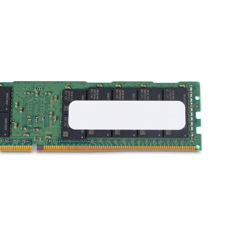 Close-up of a DDR4 RDIMM rear side showing memory chips, blank white label, and gold edge connector pins.