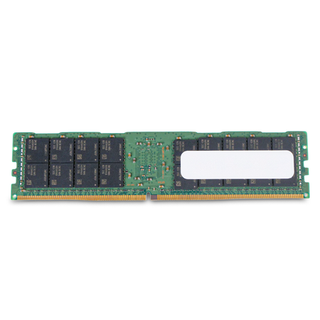 Rear view of a Samsung DDR4 RDIMM server memory module with memory chips, blank white label, and gold edge connector.