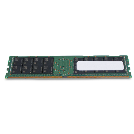 Angled rear view of a Samsung DDR4 RDIMM server memory module showing memory chips, blank white label, and gold edge connector.