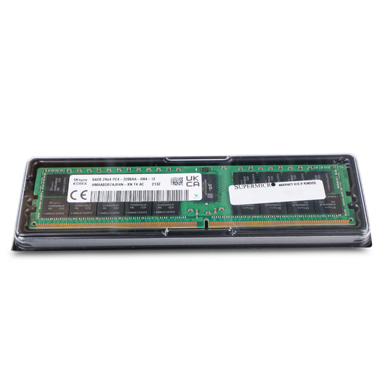 SK Hynix 64GB DDR4 PC4-3200AA RDIMM with Supermicro label in clear protective clamshell tray, front view.
