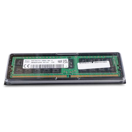 SK Hynix 64GB DDR4 PC4-3200AA RDIMM with Supermicro label in clear protective clamshell tray, front view.