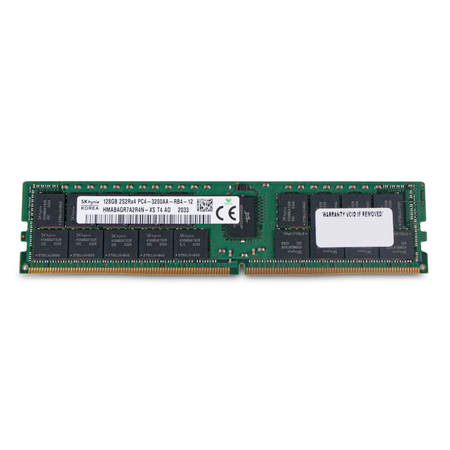 Front view of SK Hynix 128GB DDR4 PC4-3200AA RDIMM server memory module with label, memory chips, and gold edge connector.