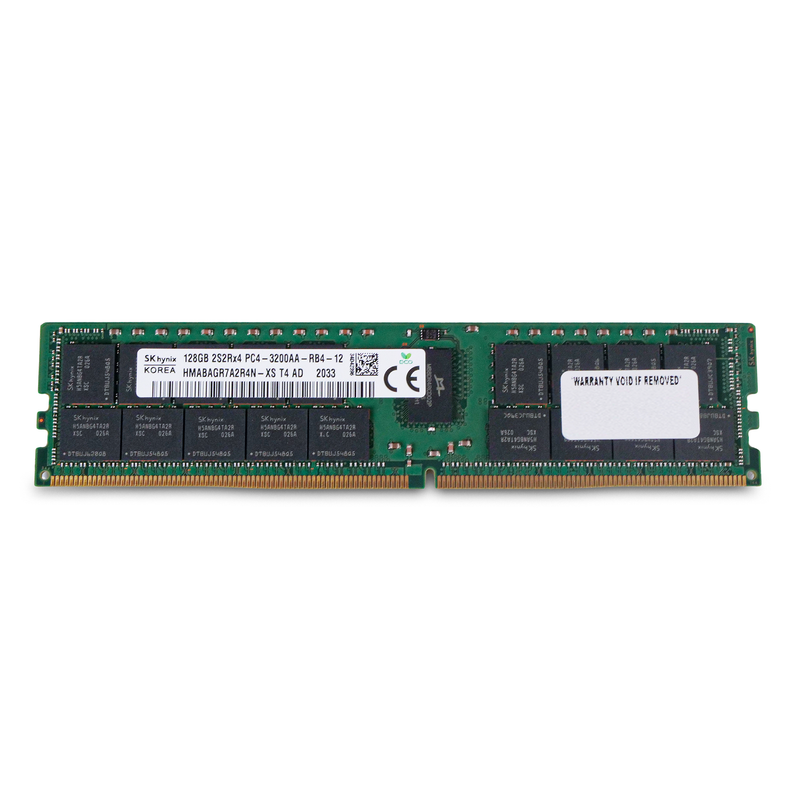 Front view of SK Hynix 128GB DDR4 PC4-3200AA RDIMM server memory module with label, memory chips, and gold edge connector.